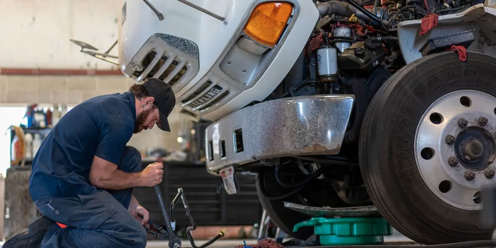 Mechanic inspecting semi truck engine in garage